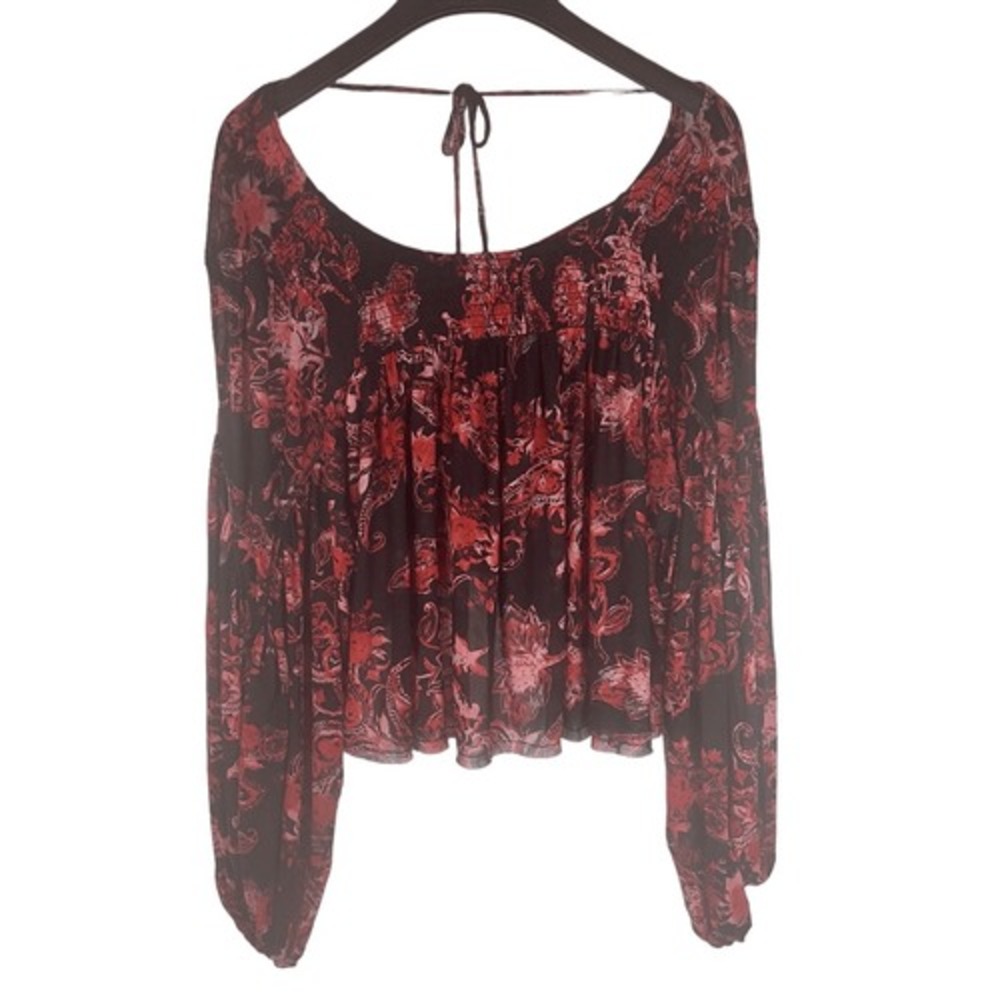 Free People Womens Up for Anything Western Smocked Tie Closure Top Size Small